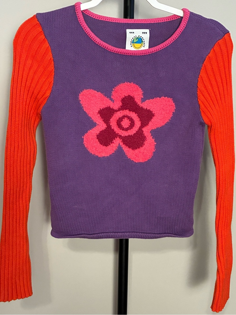 UNIF Purple Cropped Floral Crewneck Sweater with Orange Sleeves - Picture 2 of 4